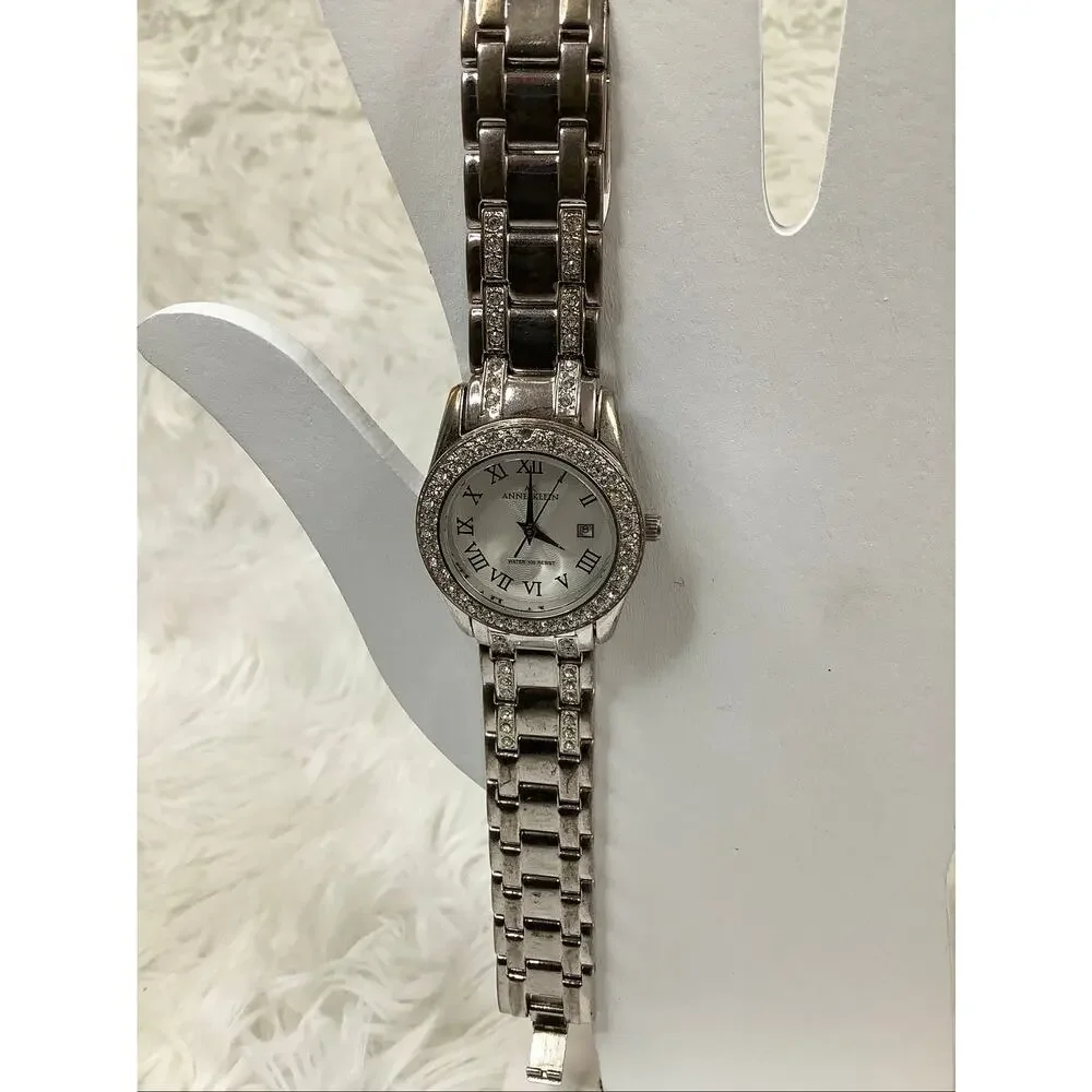 Anne Klein Silver Tone Crystal Bezel Roman Numerals Quartz Watch Elegant A4-32